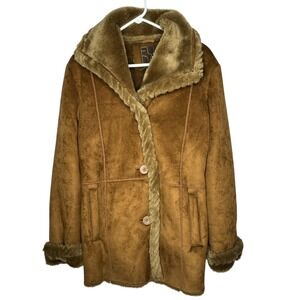 FUDA Womens Y2K Suede Faux Fur Plush Coat Jacket Size M Braid Retro Phoebe‎